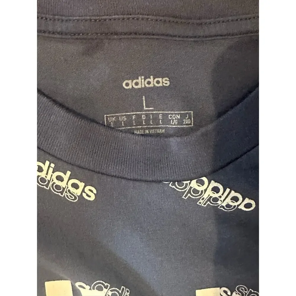 Blue White Adidas T Shirt Casual Preppy Print Graphic Cotton Sz Large